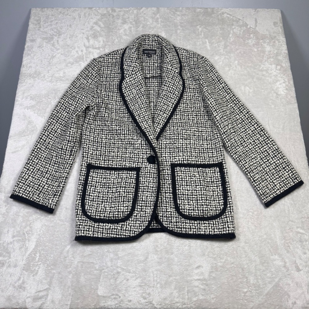 Vintage Tony Lambert Womens Wool Tweed Blazer Jacket Black White M Made‎ in USA